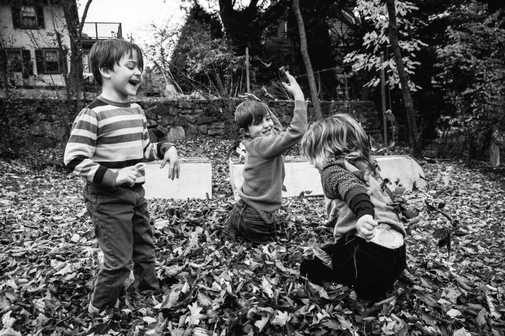 Black and white image of three young brothers play in their Belmont MA backyard, throwing leaves at each other and laughing