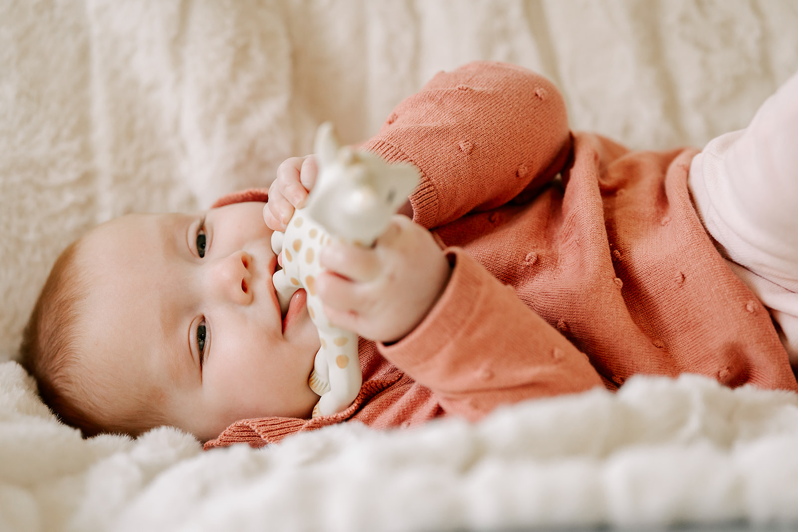 A baby in a pink sweater plays with a toy giraffe in a bed after some baby swim lessons in Boston